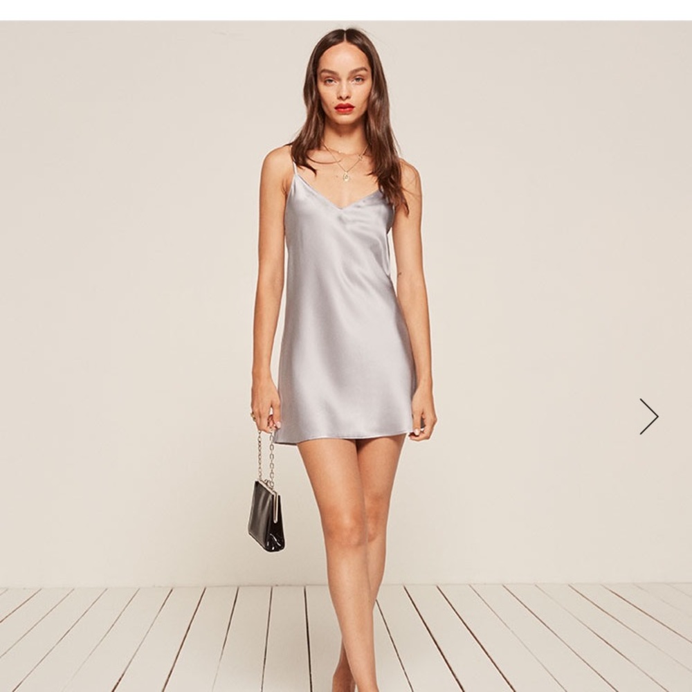 Reformation Cher Silk Mini Dress in Silver (S)